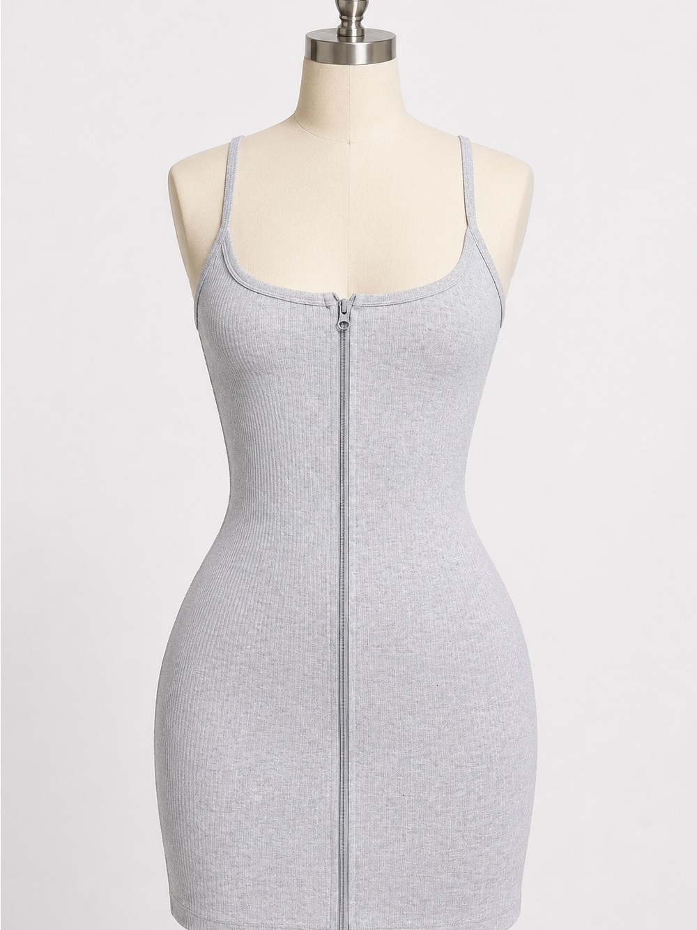 Classic Zip-Front Ribbed Slip Dress - Light Gray